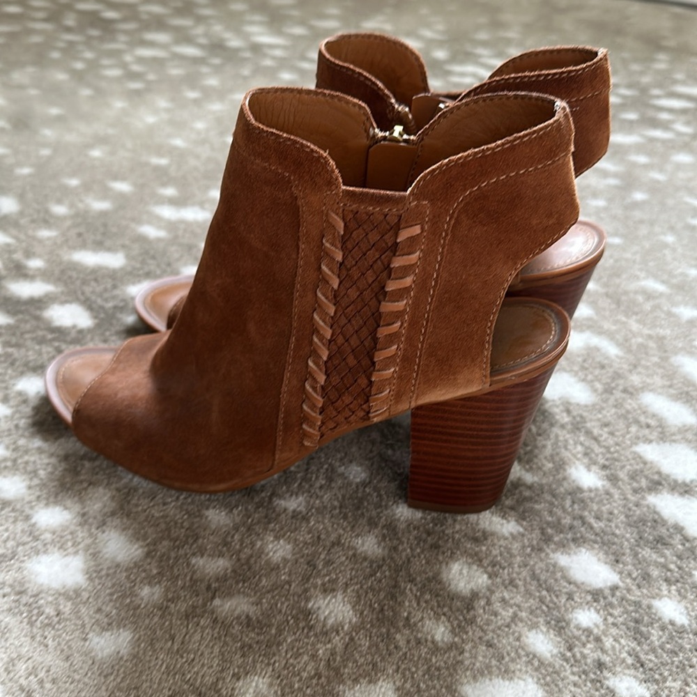 Cognac Suede Block Heel Open Toe Bootie Sandals - image 3